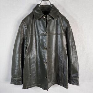 90s 00s Vintage Leather Jacket/Car Coat in Olive